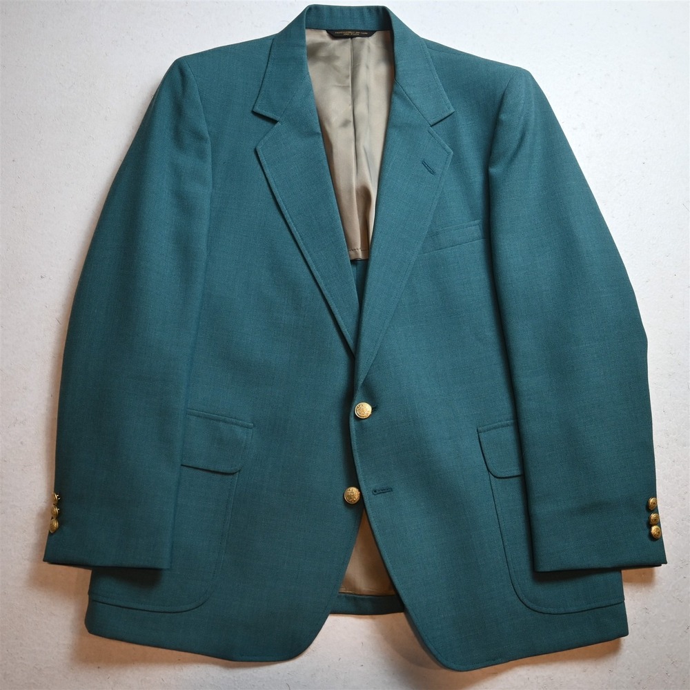 Vtg USA Made 42S Teal Green Hopsack Gold Button Mens Blazer Jacket Sport Coat